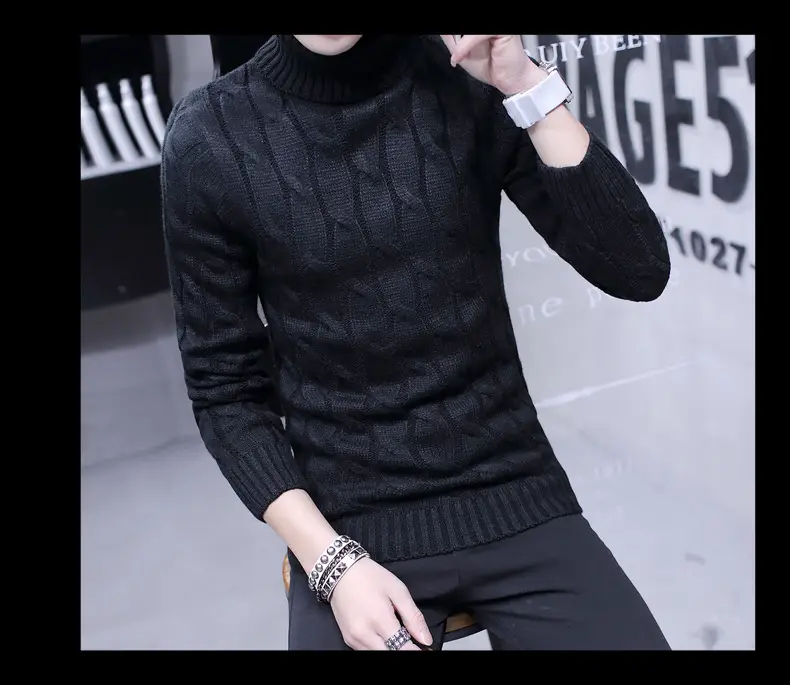 Winter Men's Black Turtleneck Knit Pullover — feature 9