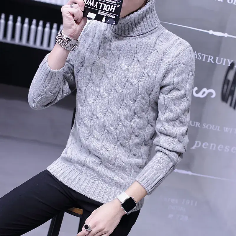 Winter Men's Black Turtleneck Knit Pullover