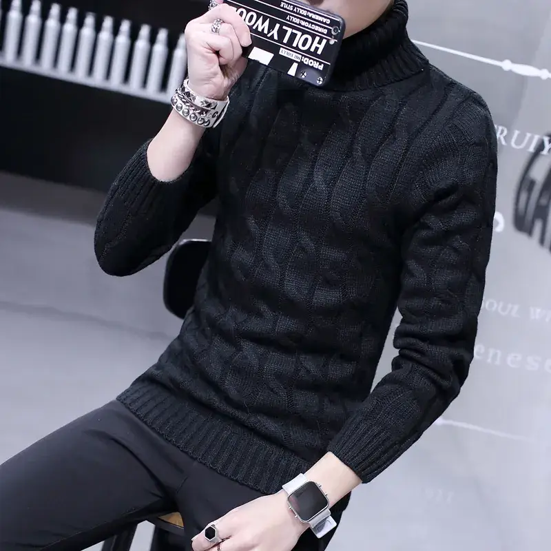 Winter Men's Black Turtleneck Knit Pullover