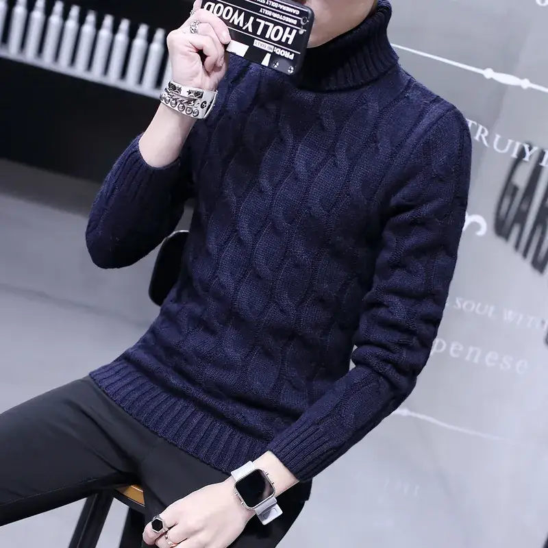 Winter Men's Black Turtleneck Knit Pullover