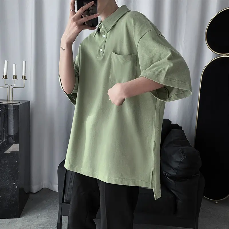 Men's 2020 Lapel Polo Shirt Olive Green Loose Fit College Style - Image 8
