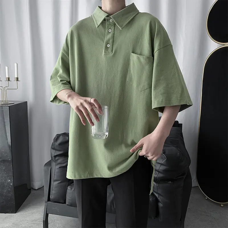 Men's 2020 Lapel Polo Shirt Olive Green Loose Fit College Style - Image 3