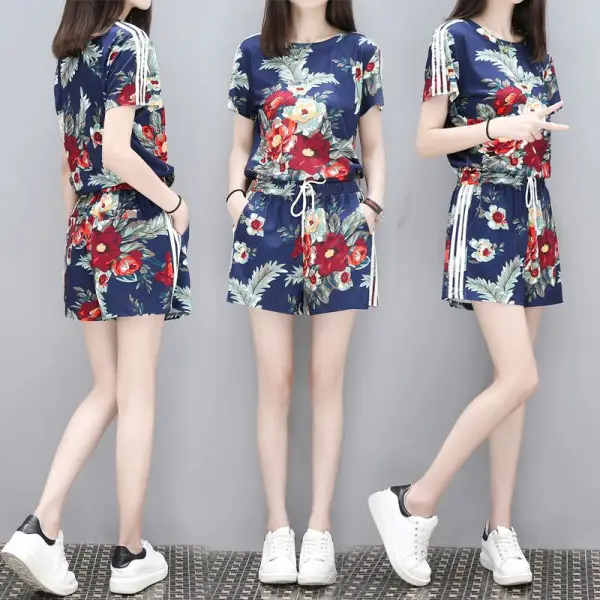 European Style Floral Shorts Set for Women Plus Size