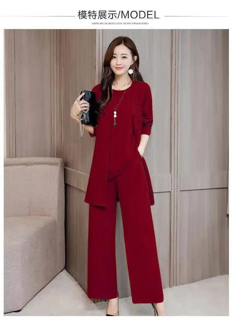 Women's Red Shawl Vest Wide Leg Pants Spring Autumn Set — feature 19