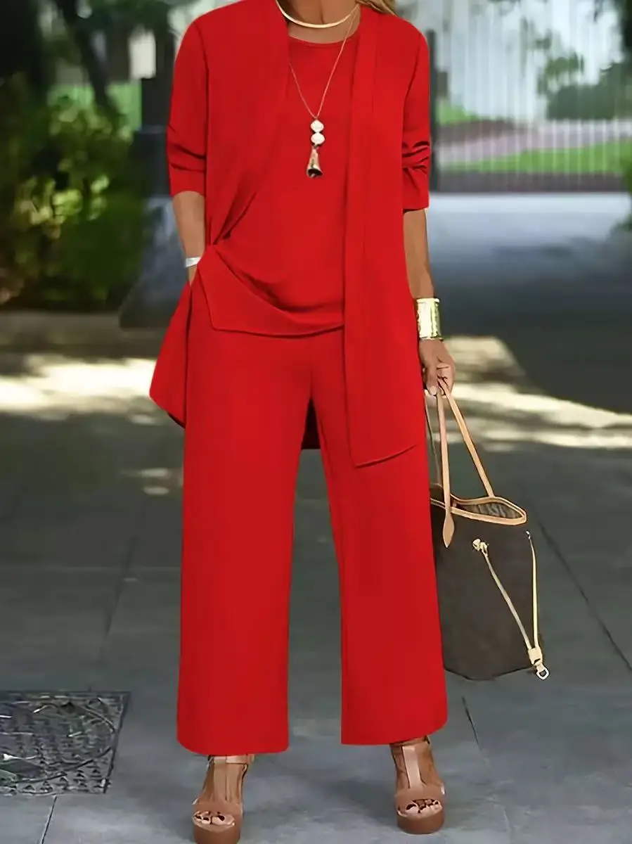 Women's Red Shawl Vest Wide Leg Pants Spring Autumn Set
