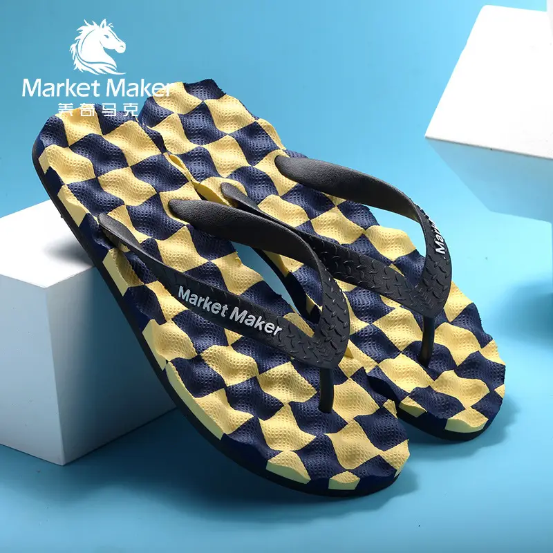 Men's Blue Gold Patterned Rubber Flip Flops - Image 5