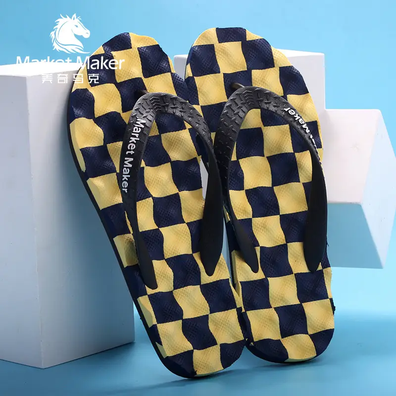 Men's Blue Gold Patterned Rubber Flip Flops - Image 6