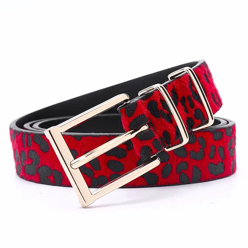 Women's Red Leopard Print Belt with Silver Buckle