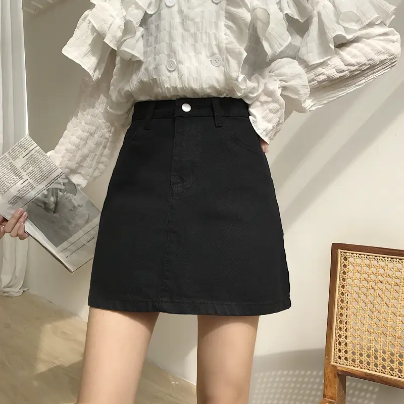 Korean A-Shape High Waist Skirt Beige Summer - Image 2