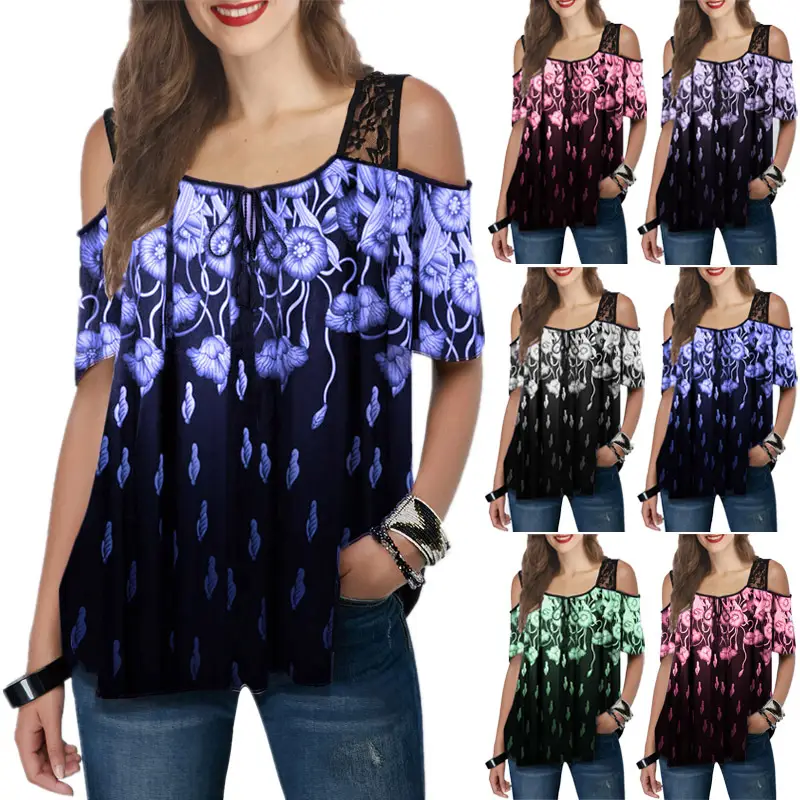 2021 Women's Green Floral Lace Printed Top - Image 6