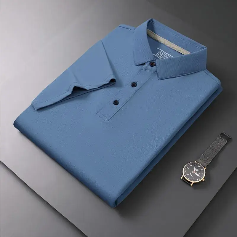 Men Navy Blue Business Polo Shirt with Embroidered Logo - Image 4