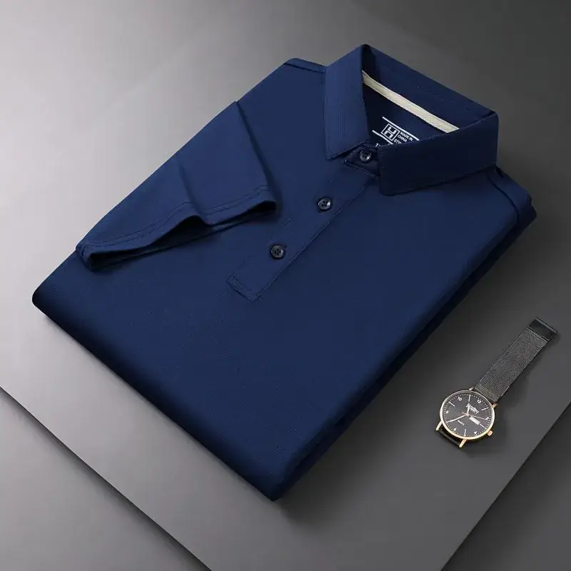 Men Navy Blue Business Polo Shirt with Embroidered Logo - Image 3