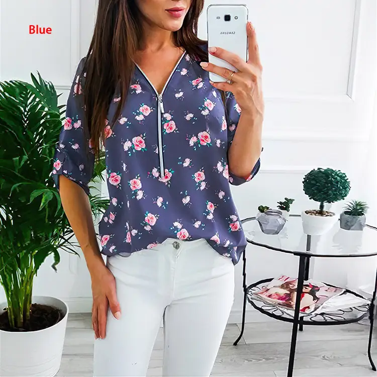 Women V Neck Zipper Top Printed Blue Floral - Image 9