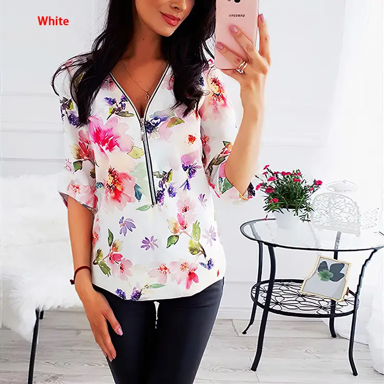 Women V Neck Zipper Top Printed Blue Floral - Image 11