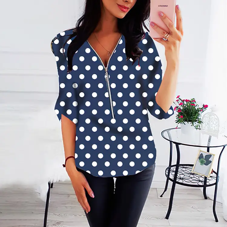 Women V Neck Zipper Top Printed Blue Floral - Image 5
