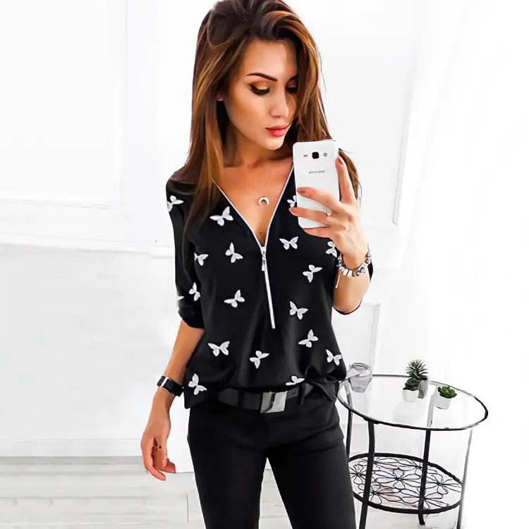 Women V Neck Zipper Top Printed Blue Floral - Image 6