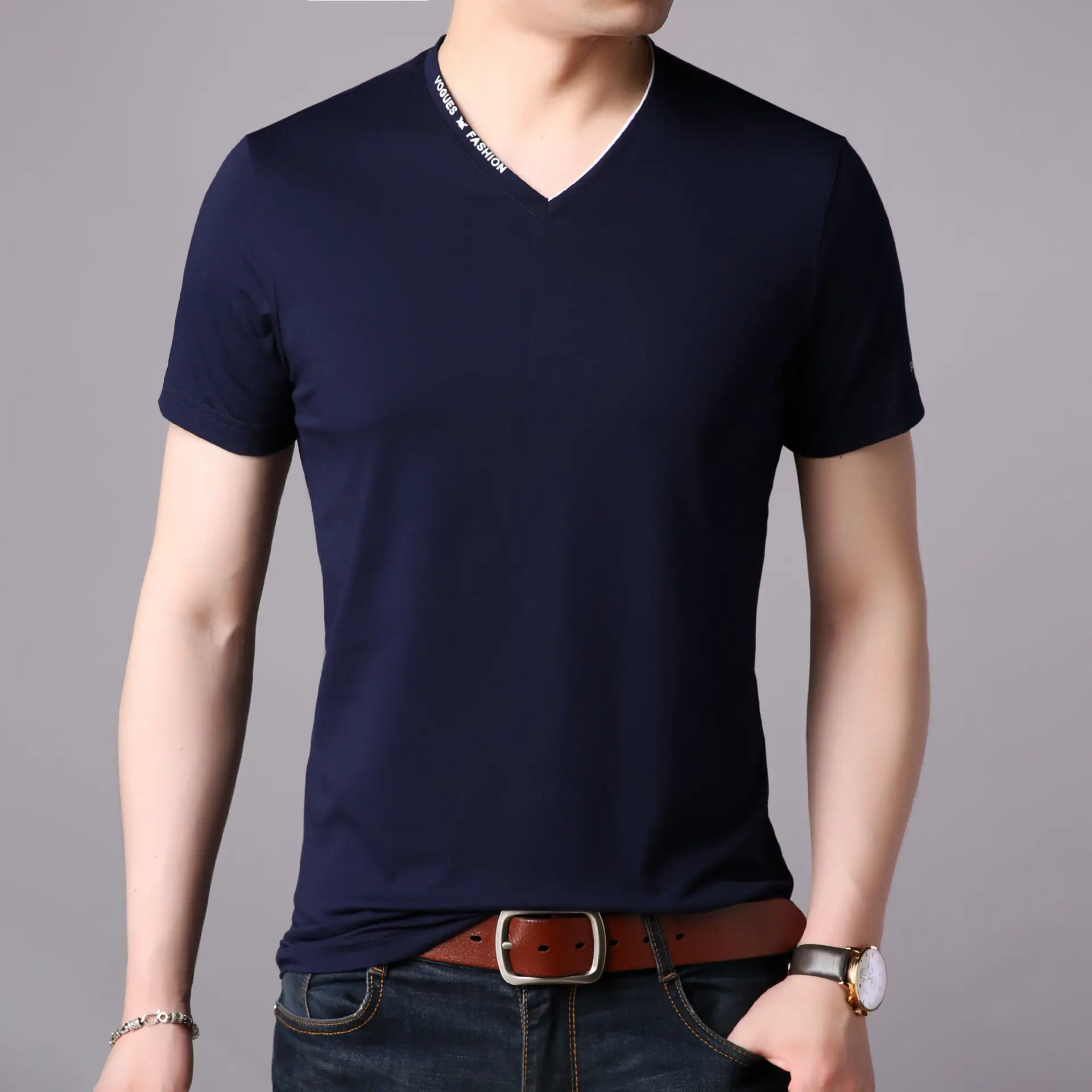 Men V-Neck Cotton T-Shirt Slim Fit Maroon - Image 11