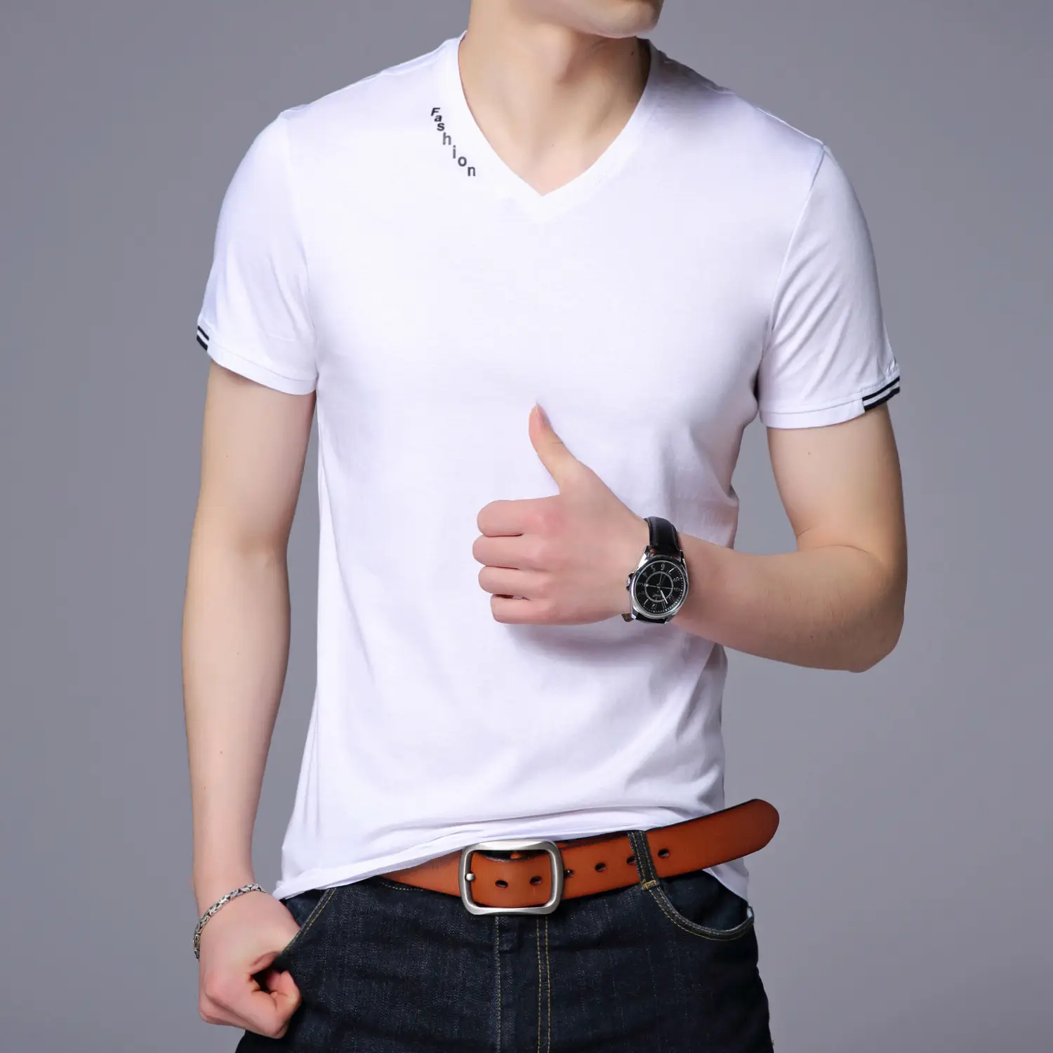 Men V-Neck Cotton T-Shirt Slim Fit Maroon - Image 2