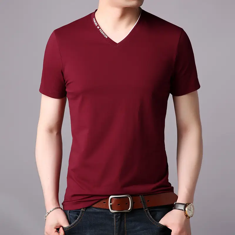 Men V-Neck Cotton T-Shirt Slim Fit Maroon - Image 7