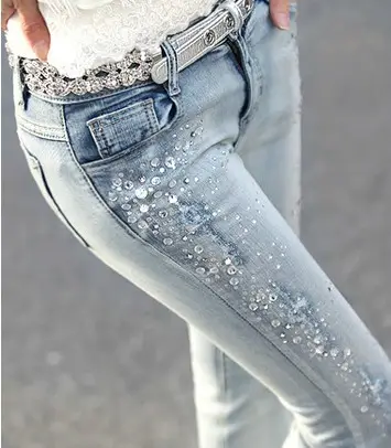 Light Blue Beaded Pencil Pants with Diamond Decor