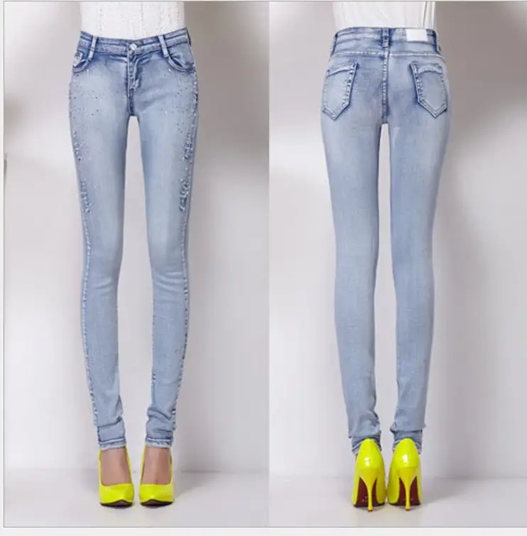 Light Blue Beaded Pencil Pants with Diamond Decor
