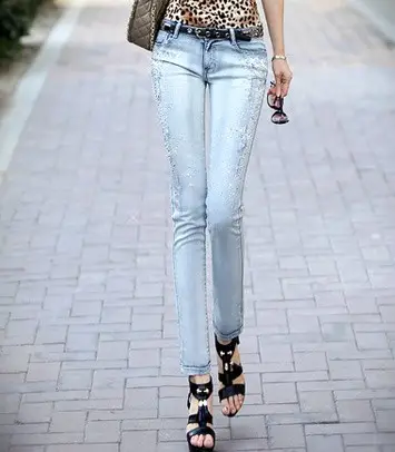 Light Blue Beaded Pencil Pants with Diamond Decor