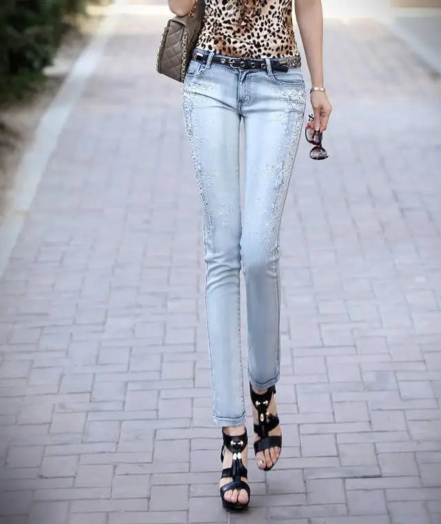 Light Blue Beaded Pencil Pants with Diamond Decor — feature 10