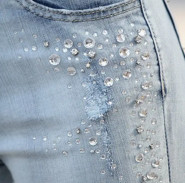 Light Blue Beaded Pencil Pants with Diamond Decor — feature 14