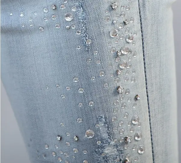 Light Blue Beaded Pencil Pants with Diamond Decor — feature 15