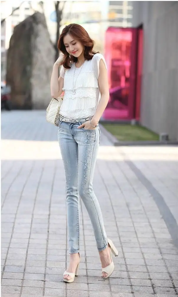 Light Blue Beaded Pencil Pants with Diamond Decor — feature 9