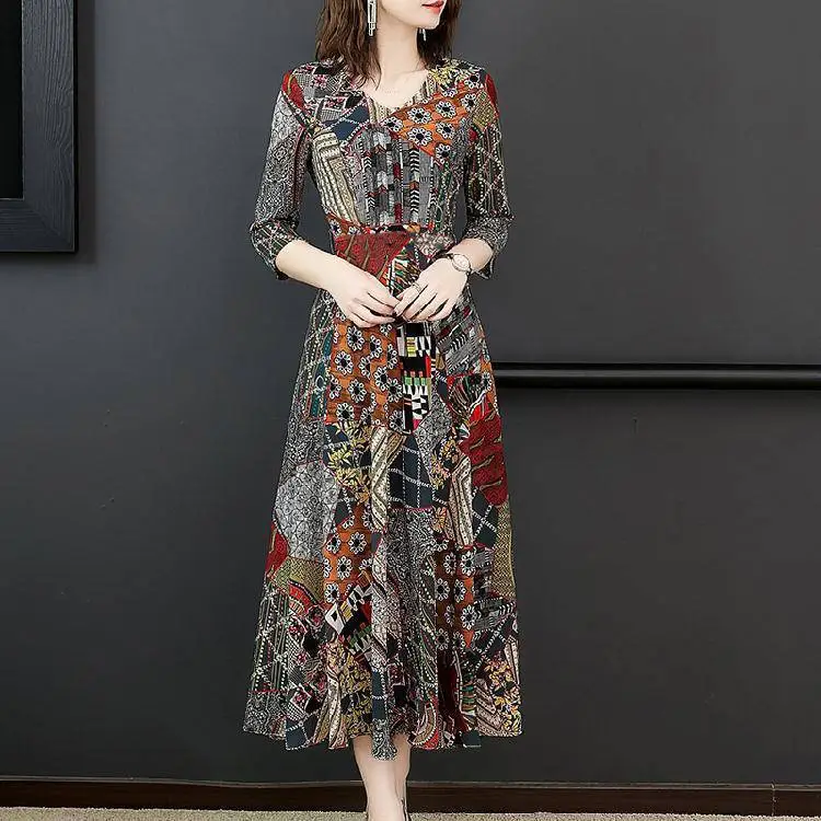Long Sleeve Korean Print Dress Large Size - Image 3