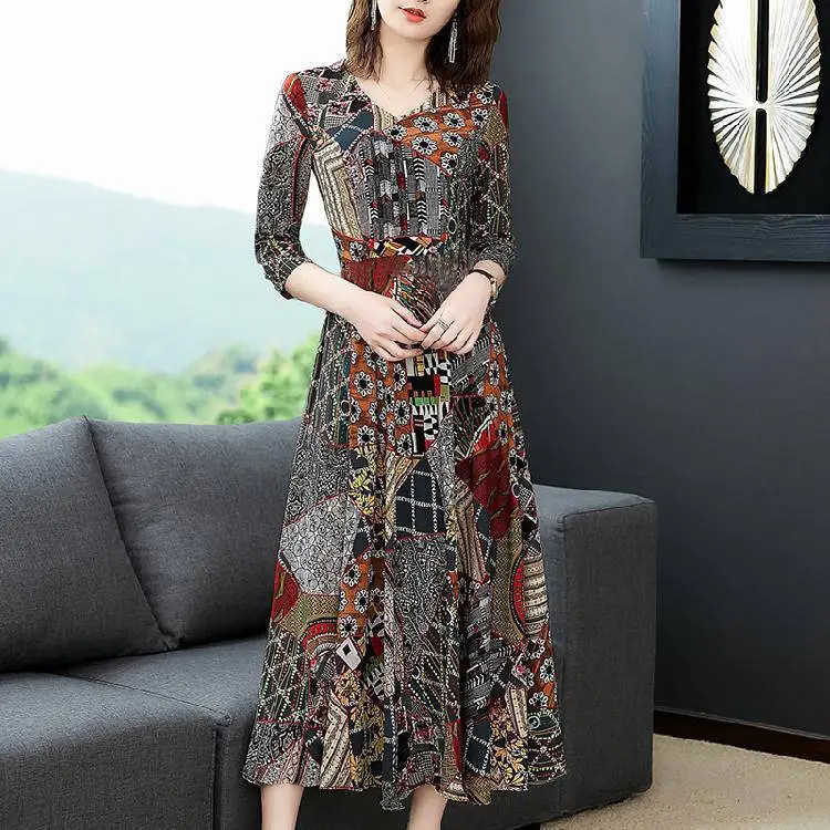 Long Sleeve Korean Print Dress Large Size — feature 3