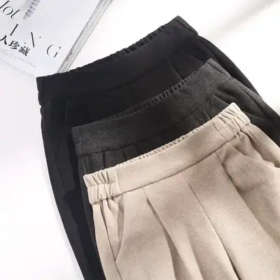 2025 Woolen High-Waisted Pants for Women Beige Black - Image 2