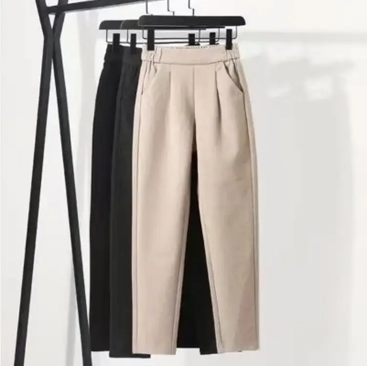 2025 Woolen High-Waisted Pants for Women Beige Black - Image 3