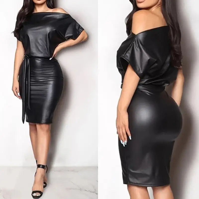 Black Leather One-Sided Slope Collar Dress with Bat Wing Short Sleeve