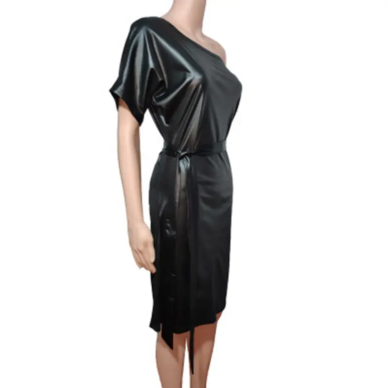 Black Leather One-Sided Slope Collar Dress with Bat Wing Short Sleeve