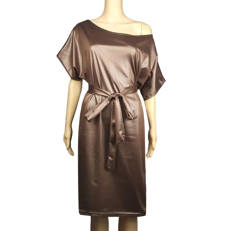 Black Leather One-Sided Slope Collar Dress with Bat Wing Short Sleeve
