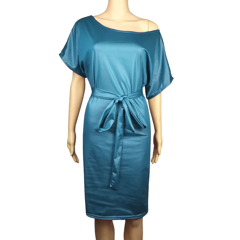 Black Leather One-Sided Slope Collar Dress with Bat Wing Short Sleeve