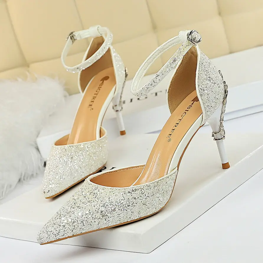 283-A5 European and American Sexy Hollow Women's Shoes Metal Decorative High Heels Shallow Mouth Pointed Toe Sequins One-Word Strap Cut Out Sandals - Image 14