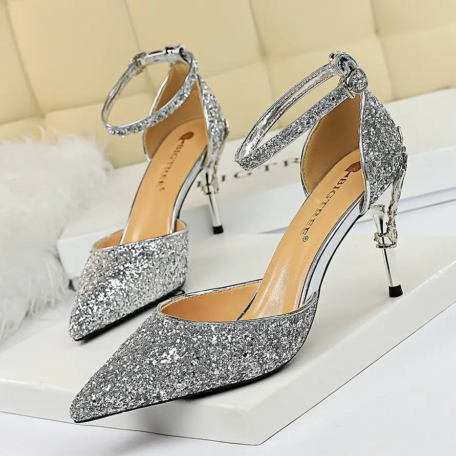 283-A5 European and American Sexy Hollow Women's Shoes Metal Decorative High Heels Shallow Mouth Pointed Toe Sequins One-Word Strap Cut Out Sandals - Image 16