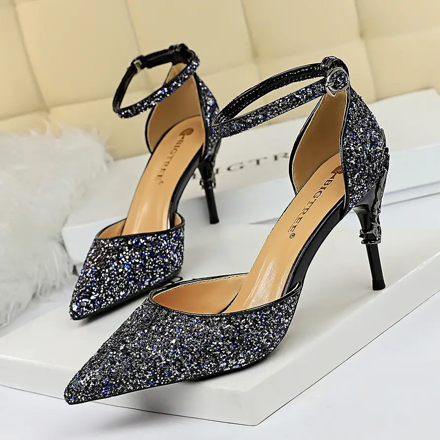 283-A5 European and American Sexy Hollow Women's Shoes Metal Decorative High Heels Shallow Mouth Pointed Toe Sequins One-Word Strap Cut Out Sandals - Image 12