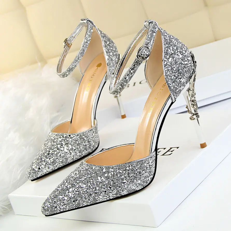 283-A5 European and American Sexy Hollow Women's Shoes Metal Decorative High Heels Shallow Mouth Pointed Toe Sequins One-Word Strap Cut Out Sandals - Image 3