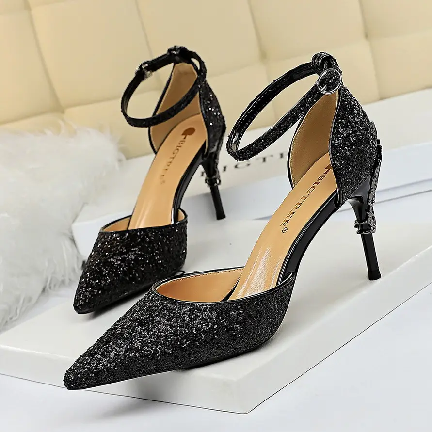 283-A5 European and American Sexy Hollow Women's Shoes Metal Decorative High Heels Shallow Mouth Pointed Toe Sequins One-Word Strap Cut Out Sandals - Image 8