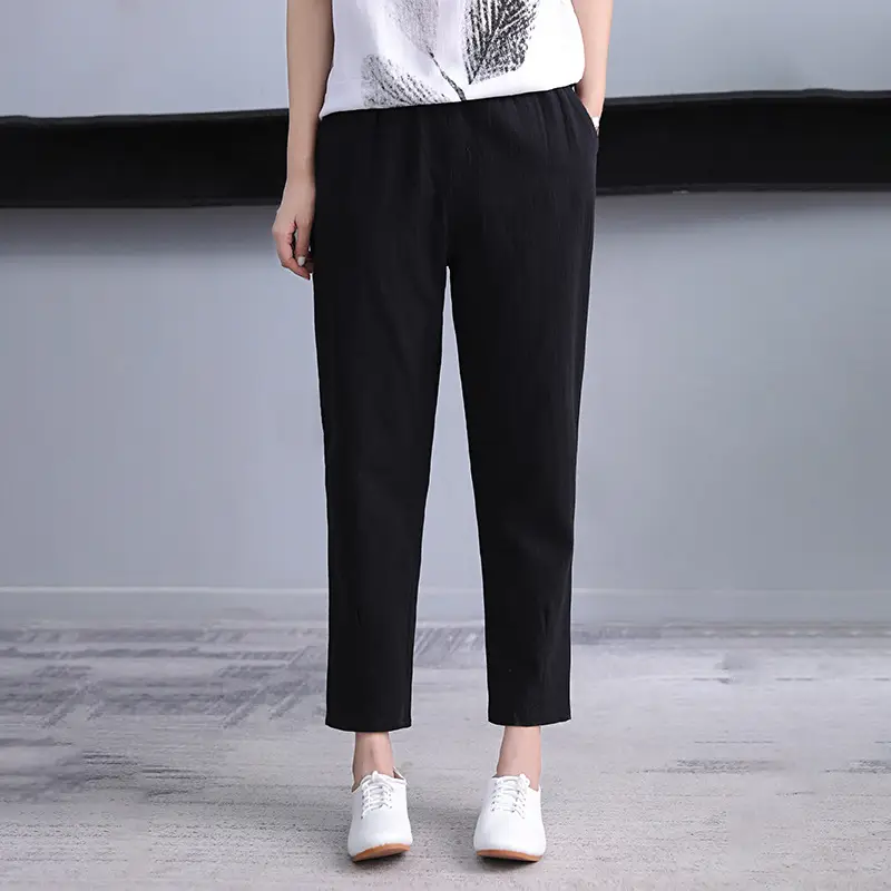 Women Cotton Linen Hallen Pants Black Straight Leg Ankle - Image 4