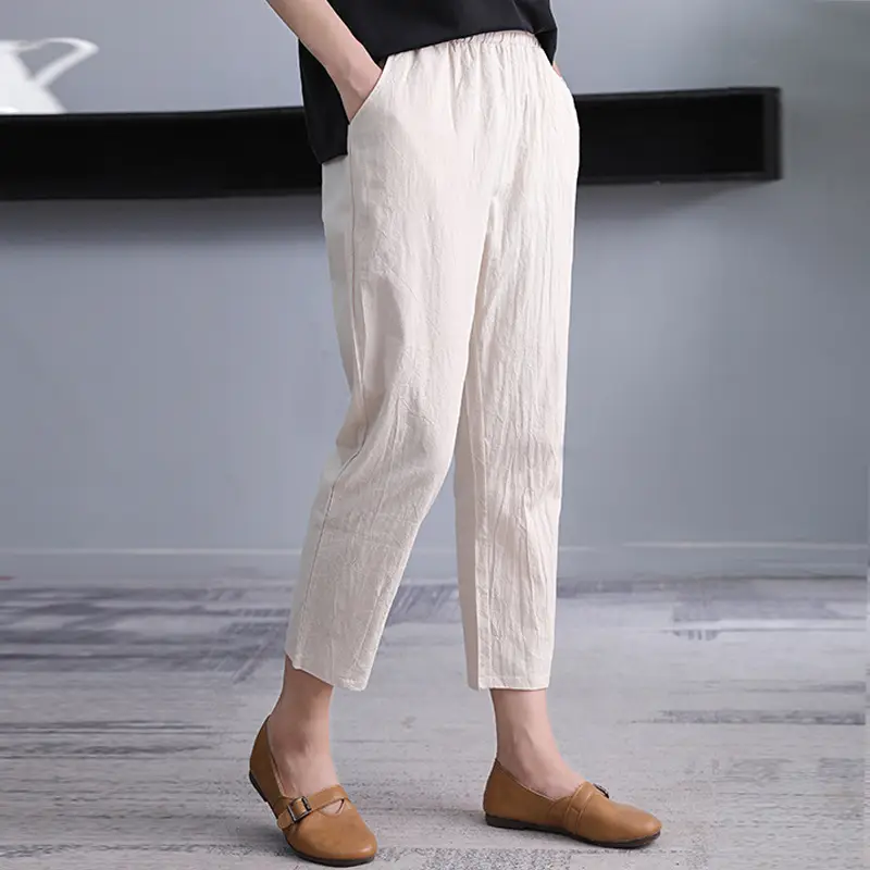 Women Cotton Linen Hallen Pants Black Straight Leg Ankle - Image 5
