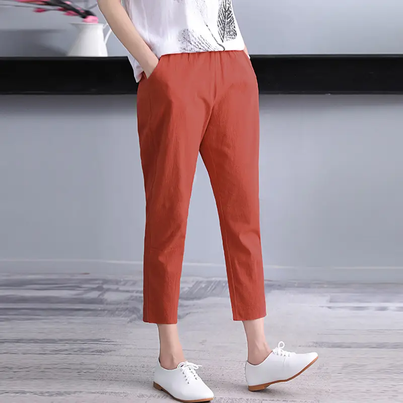 Women Cotton Linen Hallen Pants Black Straight Leg Ankle - Image 6