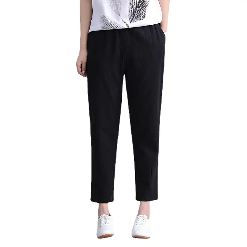 Women Cotton Linen Hallen Pants Black Straight Leg Ankle - Image 7