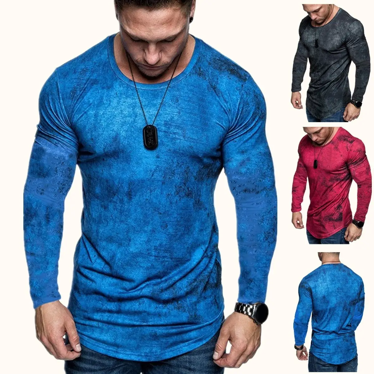 Men 3D Printed Long Sleeve T-Shirt Red Slim Fit