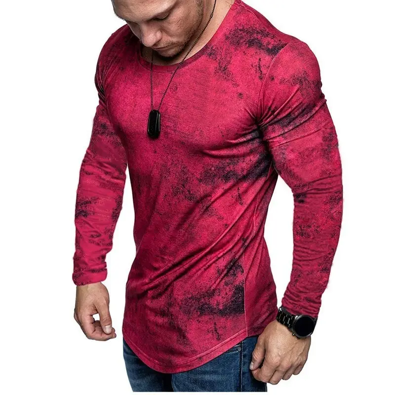 Men 3D Printed Long Sleeve T-Shirt Red Slim Fit