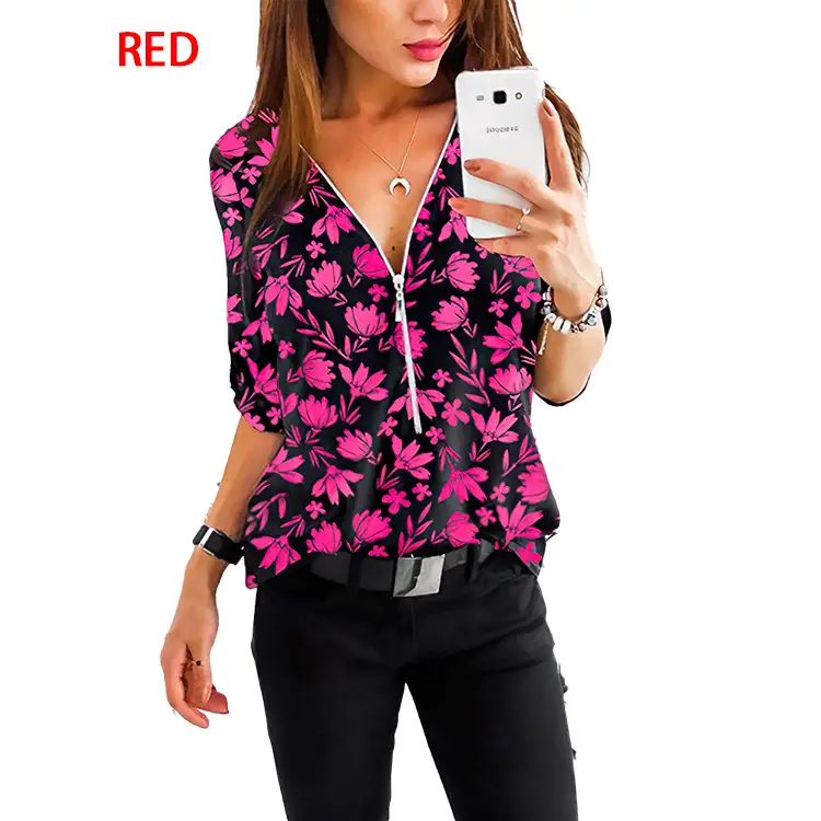 Women Floral Zipper Shirt Blue V-Neck Medium